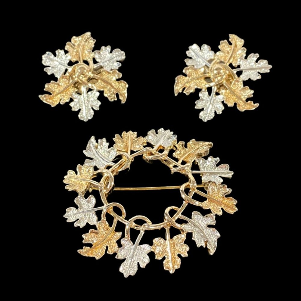 VTG Sarah Coventry Brooch & Earrings Clip-on Gold & Silver Leaves Fall Fashion